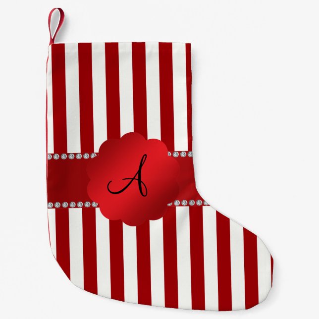 Monogram red and white stripes small christmas stocking (Front)