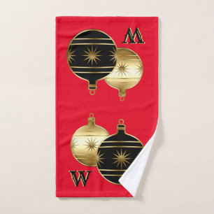 Monogram Red Black and Gold Christmas Hand Towel