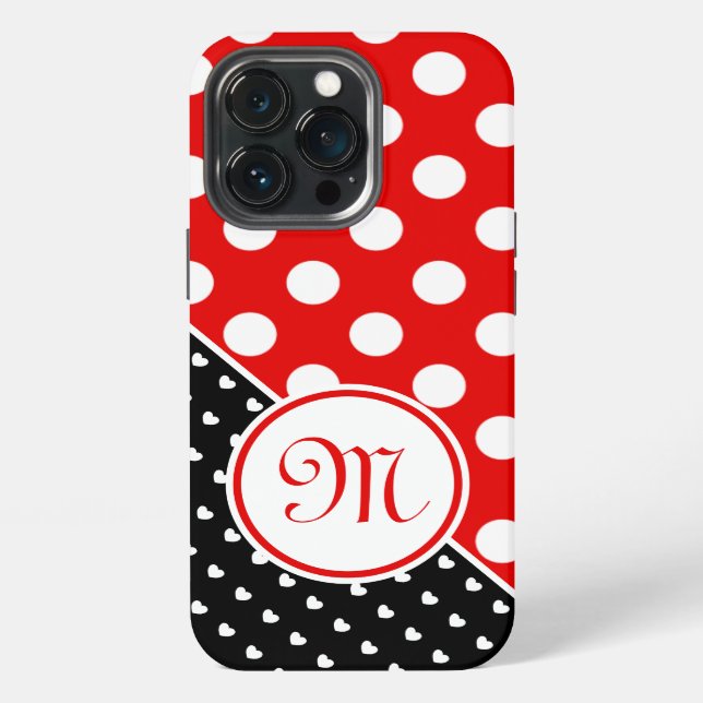 Monogram - Red, Black And White Polka Dot Pattern iPhone Case (Back)