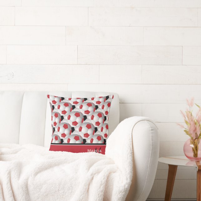 Monogram Red Black and White Soccer Ball Pattern Cushion (Couch)