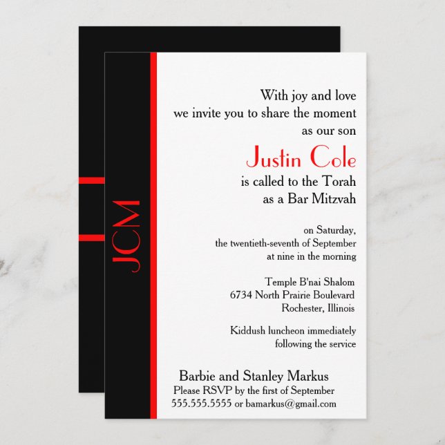 Monogram Red Black Bar Mitzvah on White Invitation (Front/Back)