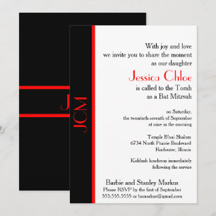 Monogram Red Black Bat Mitzvah on White Invitation