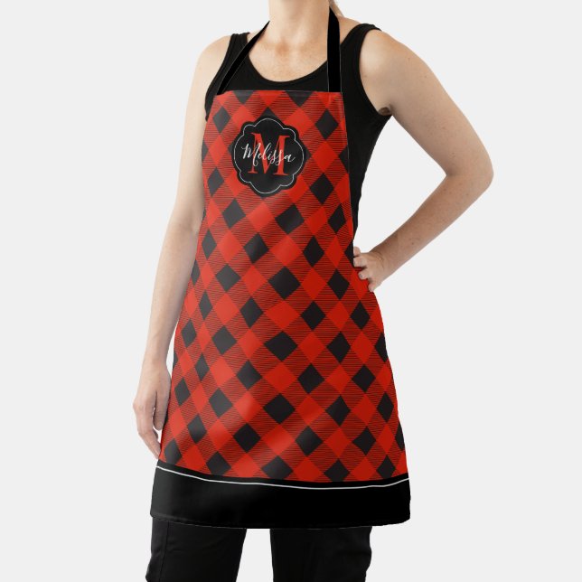 Monogram Red Black Buffalo Plaid Apron (Insitu)