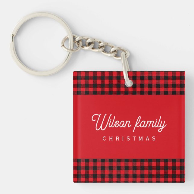 Monogram red black buffalo plaid  key ring (Front)