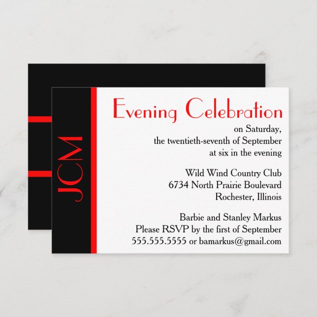 Monogram Red Black Evening Celebration RSVP White Invitation (Front/Back)