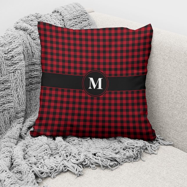 Monogram Red & Black Gingham Plaid Checks Pattern Cushion (Creator Uploaded)