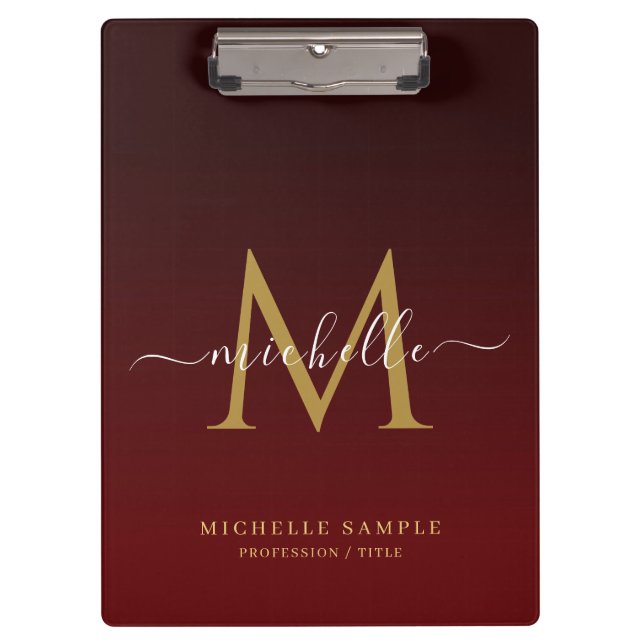 Monogram Red Black Gold Calligraphy Personalized Clipboard (Front)