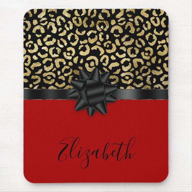 Monogram Red Black Gold Leopard Print Bow Trendy  Mouse Pad (Front)