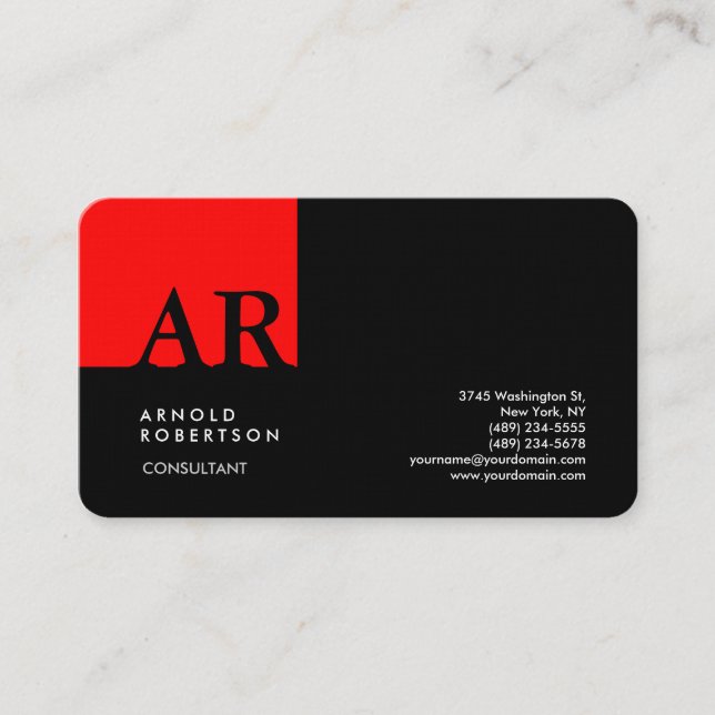 Monogram Red Black Modern Linen Business Card (Front)