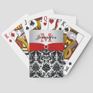 Monogram Red Black Silver Damask Playing Cards