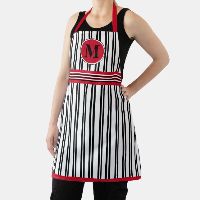 Monogram Red Black White Stripe Line Pattern Apron (Insitu)