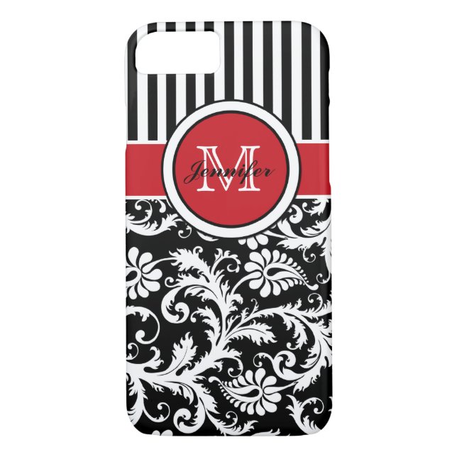 Monogram Red Black White Striped Damask Case-Mate iPhone Case (Back)