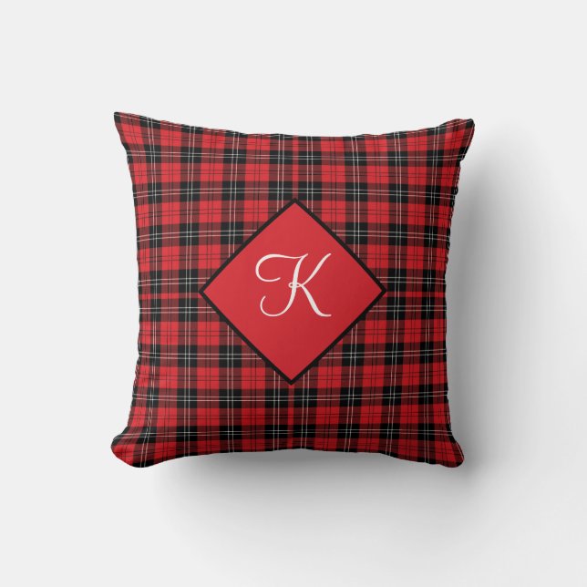 Monogram Red Black White Tartan Buffalo Plaid  Cushion (Front)