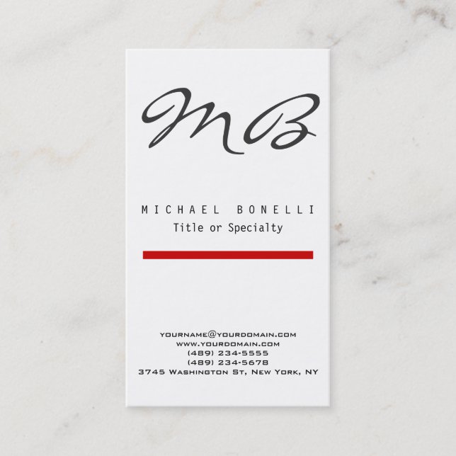 Monogram Red Black White Vertical Business Card (Front)