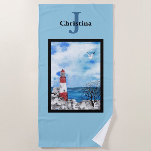 Monogram Red & Blue Lighthouse Watercolor Art Beach Towel (Front)