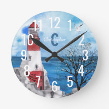 Monogram Red & Blue Lighthouse Watercolor Art