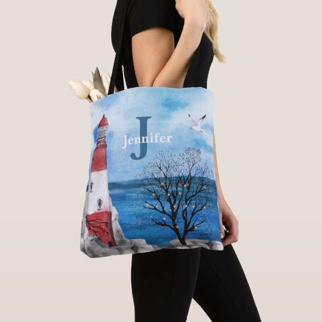 Monogram Red & Blue Lighthouse Watercolor Art Tote Bag (Close Up)
