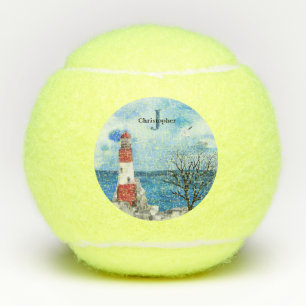 Monogram Red & Blue Lighthouse Watercolor Scene Tennis Balls