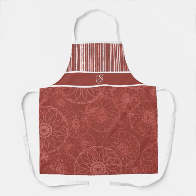 Monogram Red Boho Pattern and White Stripes Apron (Front)