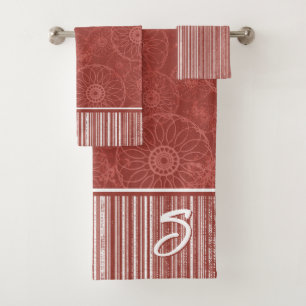 Monogram Red Boho Pattern and White Stripes Bath Towel Set