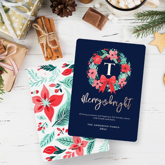 Monogram Red Bow Wreath Blue Christmas  (Creator Uploaded)