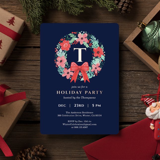 Monogram Red Bow Wreath Blue Christmas Party Gold (Creator Uploaded)