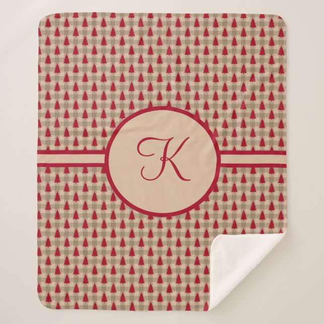 Monogram Red Brown Buffalo Plaid Rustic Country  Sherpa Blanket (Front)