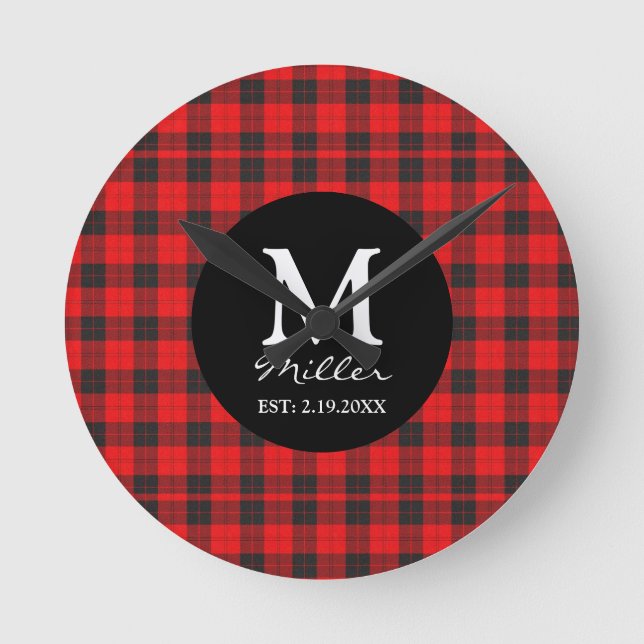 Monogram Red Buffalo Plaid Round Wall Clock (Front)