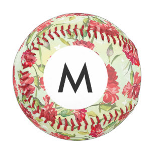 Monogram Red Carnations on green with butterflies Baseball