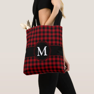 Monogram Red Checked Tartan Plaid Pattern Tote Bag