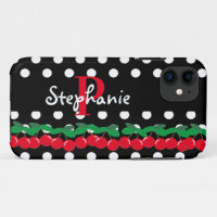 Monogram Red Cherries White Polka Dots Retro