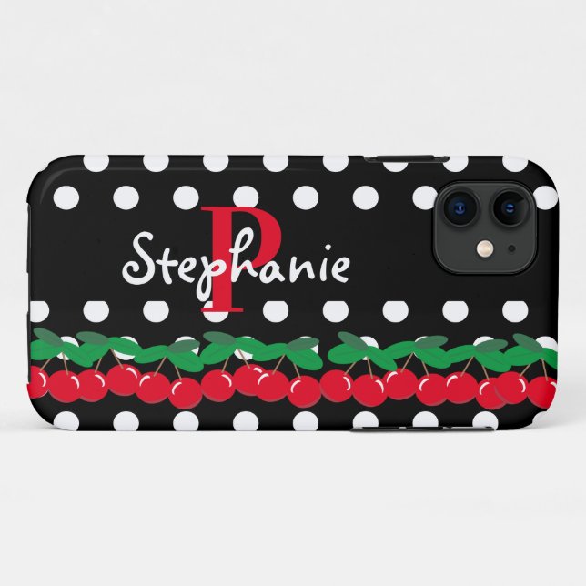 Monogram Red Cherries White Polka Dots Retro Case-Mate iPhone Case (Back (Horizontal))