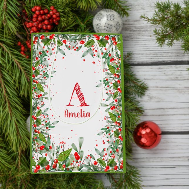 Monogram  Red Christmas elegant letter green  Medium Gift Bag (Creator Uploaded)
