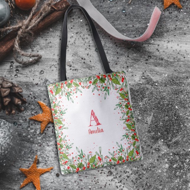 Monogram  Red Christmas elegant letter Tote Bag (Creator Uploaded)