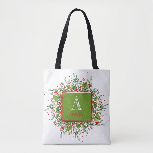 Monogram  Red Christmas elegant letter Tote Bag (Front)