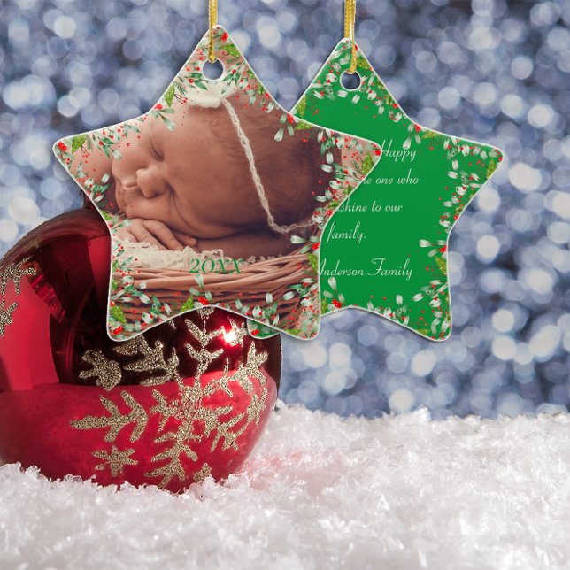 Monogram  Red Christmas Green  photo Classic  Ceramic Tree Decoration (Creator Uploaded)