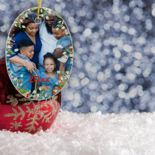 Monogram Red Christmas Green photo Classic Round Ceramic Tree Decoration