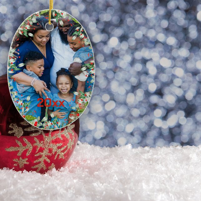 Monogram  Red Christmas Green  photo Classic Round Ceramic Tree Decoration (Creator Uploaded)