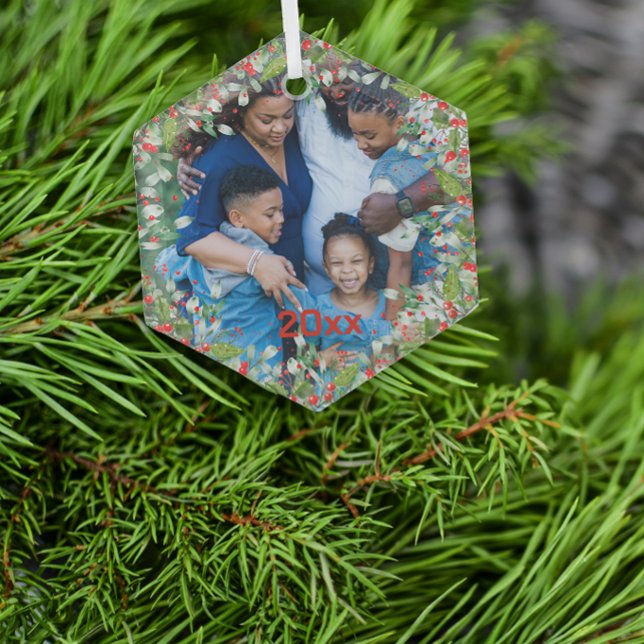 Monogram  Red Christmas Green  photo Classic Round Glass Tree Decoration (Creator Uploaded)