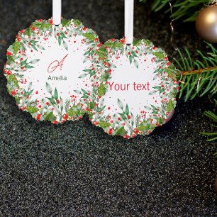 Monogram Red Christmas Greenery Classic Round Tree Decoration Card