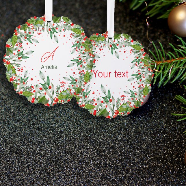 Monogram  Red Christmas Greenery  Classic Round Tree Decoration Card (Creator Uploaded)