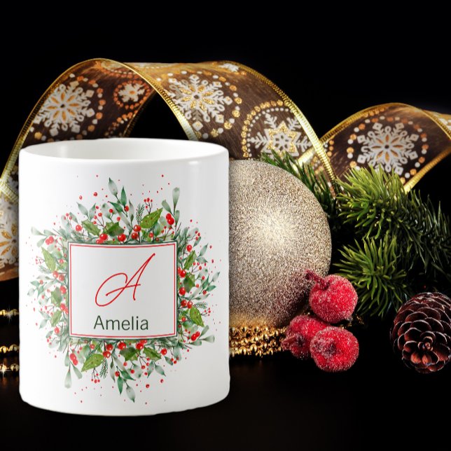 Monogram  Red Christmas Greenery  Coffee Mug (Creator Uploaded)