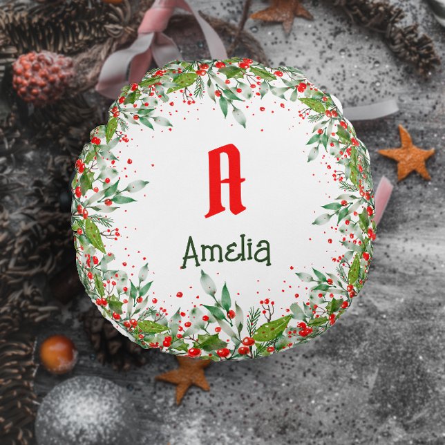 Monogram Red Christmas Greenery name  Round Cushion (Creator Uploaded)