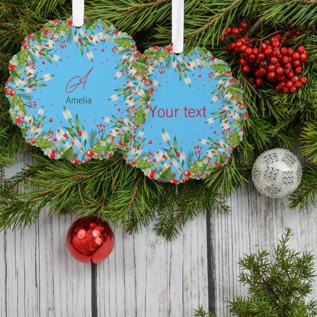 Monogram  Red Christmas sky blue Classic Round Tree Decoration Card (Creator Uploaded)