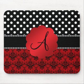 Monogram red damask black polka dots mouse pad