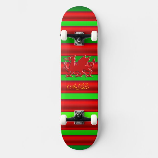 Monogram, Red Dragon on green metallic-effect Skateboard (Front)
