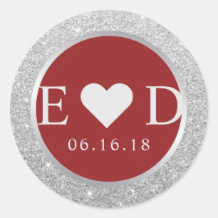 Monogram Red Elegant Silver Glitter Wedding Classic Round Sticker