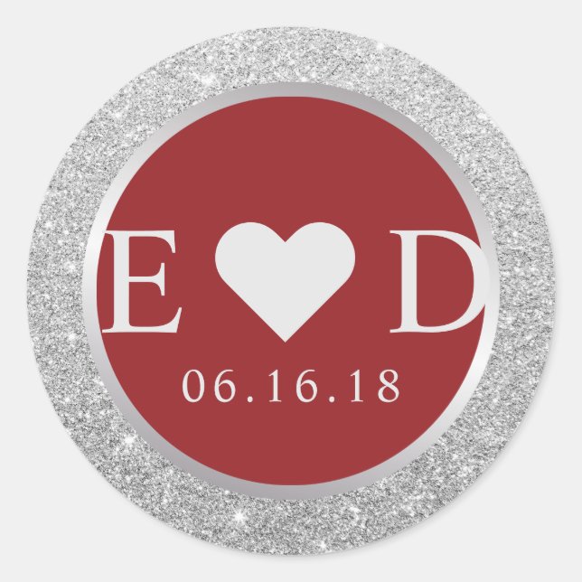 Monogram Red Elegant Silver Glitter Wedding Classic Round Sticker (Front)