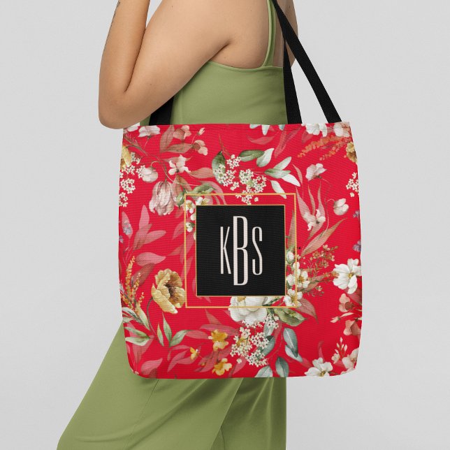 Monogram, Red Fine Art Florals Shoulder Tote  Bag (Creator Uploaded)