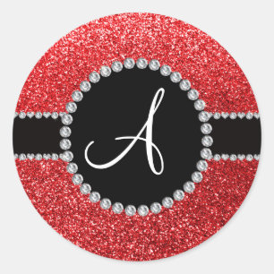 Monogram red glitter diamond black circle classic round sticker